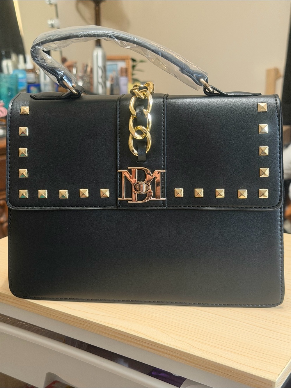 Badgley Mischka Black Structured Satchel with Gold Hardware
